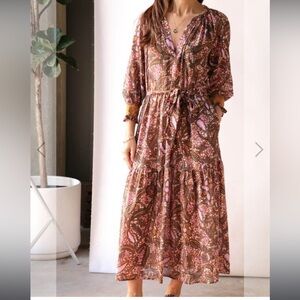 XÍRENA Olsen 100% Cotton Midi Dress Earth Print Bohemian Small
